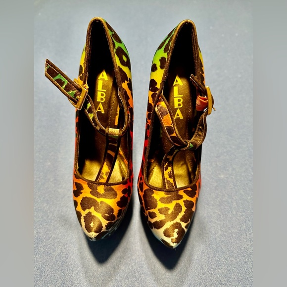 Alba Multicolor Leopard Print T Strap Platform Pump High Heel Stiletto Size 5.5 - Picture 3 of 5